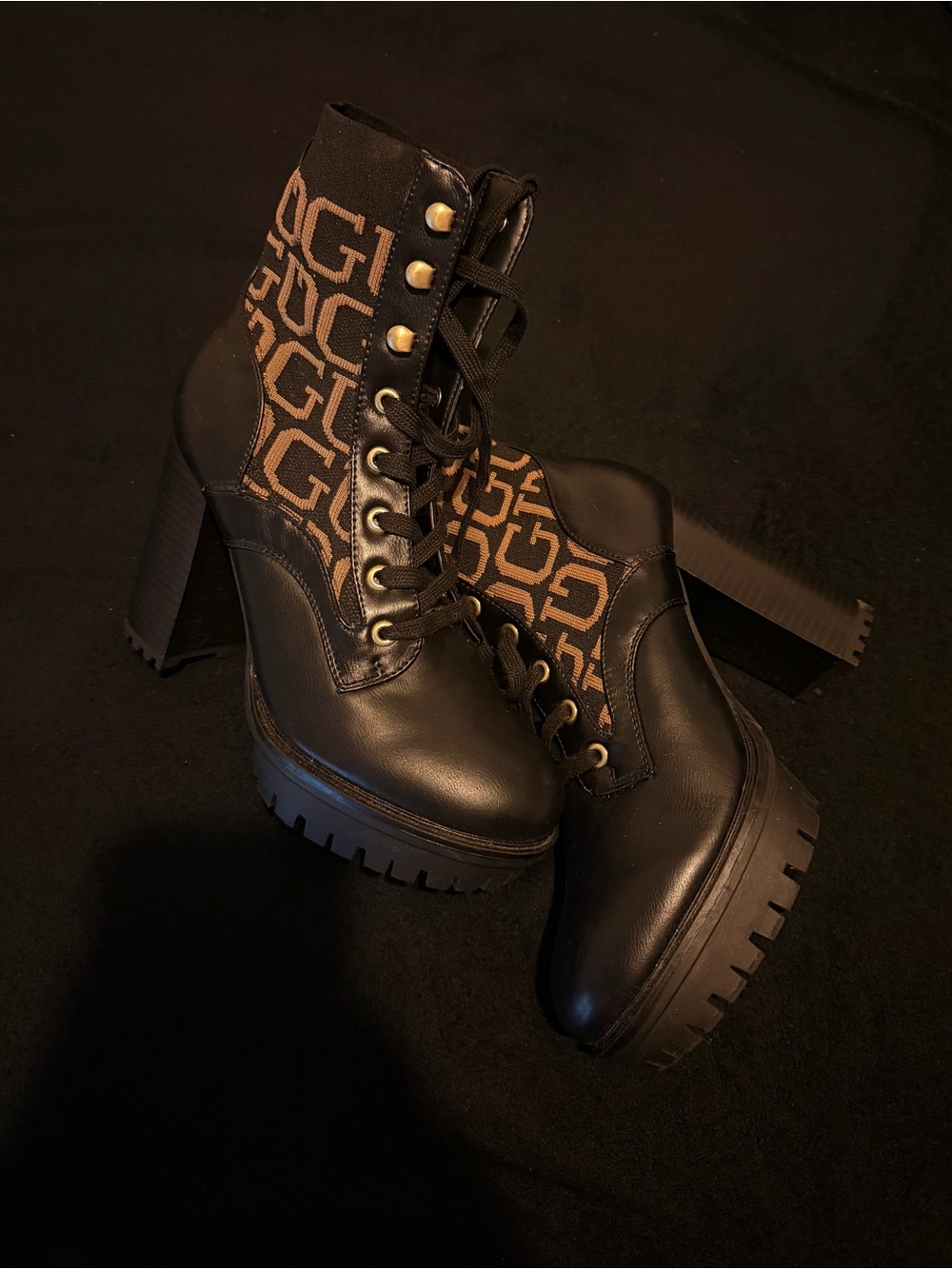 Guess Black Leather Lace-Up Ankle Boots with Brown Logo Panel
